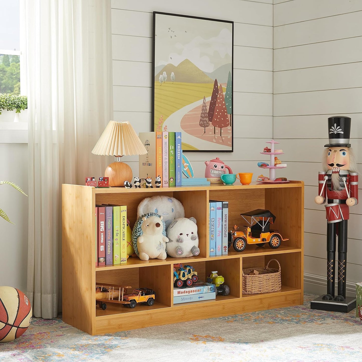 Kids Toy Storage Organizer, 5-Section Storage Cabinet for Organizing Books Toys, Wooden Bookshelf Daycare Furniture for School, Classroom Playroom, Nursery, Kindergarten (Natural)