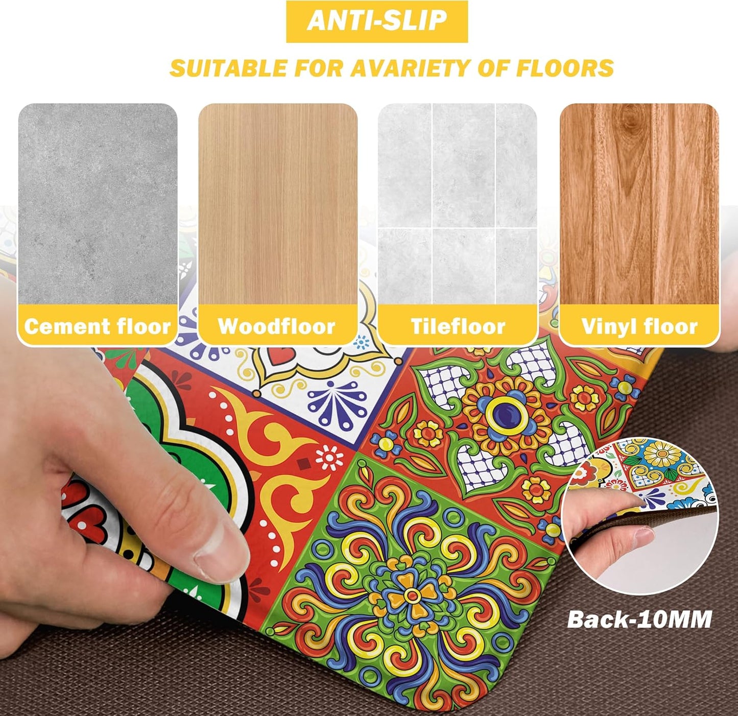 Boho Kitchen Rugs Set 2 Memory Foam Colorful Ceramic Comfort Tile Floor Mat Anti Fatigue Non-Skid PVC Runner Rug Water & Oil Proof Carpet for Kitchen Laundry Sink,17.3x28+17.3x47 Inch, C2