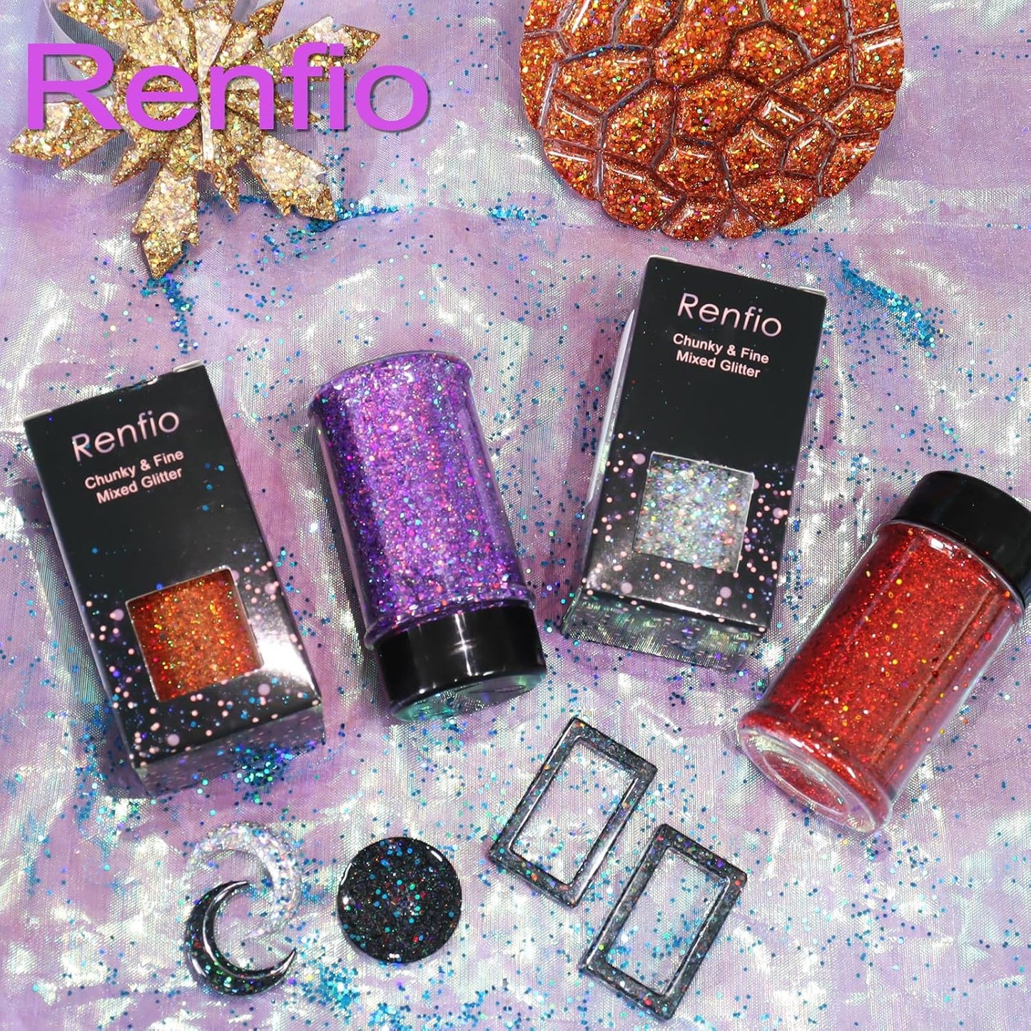 Renfio Holographic Glitter, 2.11oz/60g Mix Ultra Fine Glitter for Crafts Resin Glitters PET Flakes for Nail Art Tumblers Slime - Diamond Laser Gold