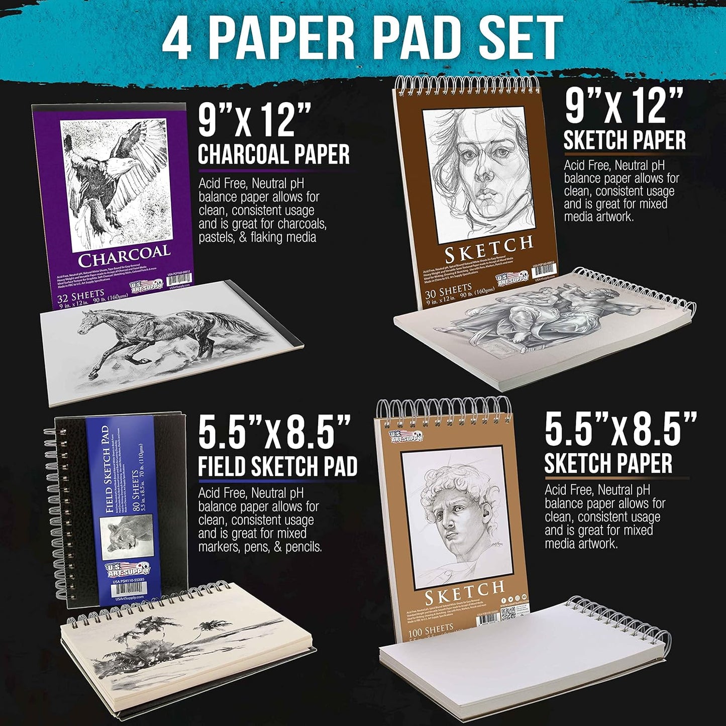 U.S. Art Supply 50 Piece Adult Coloring Book Artist Grade Colored Pencil Set with 4 Styles of Sketching & Drawing Paper - Sketching Shading Blending, Students Adults Beginners