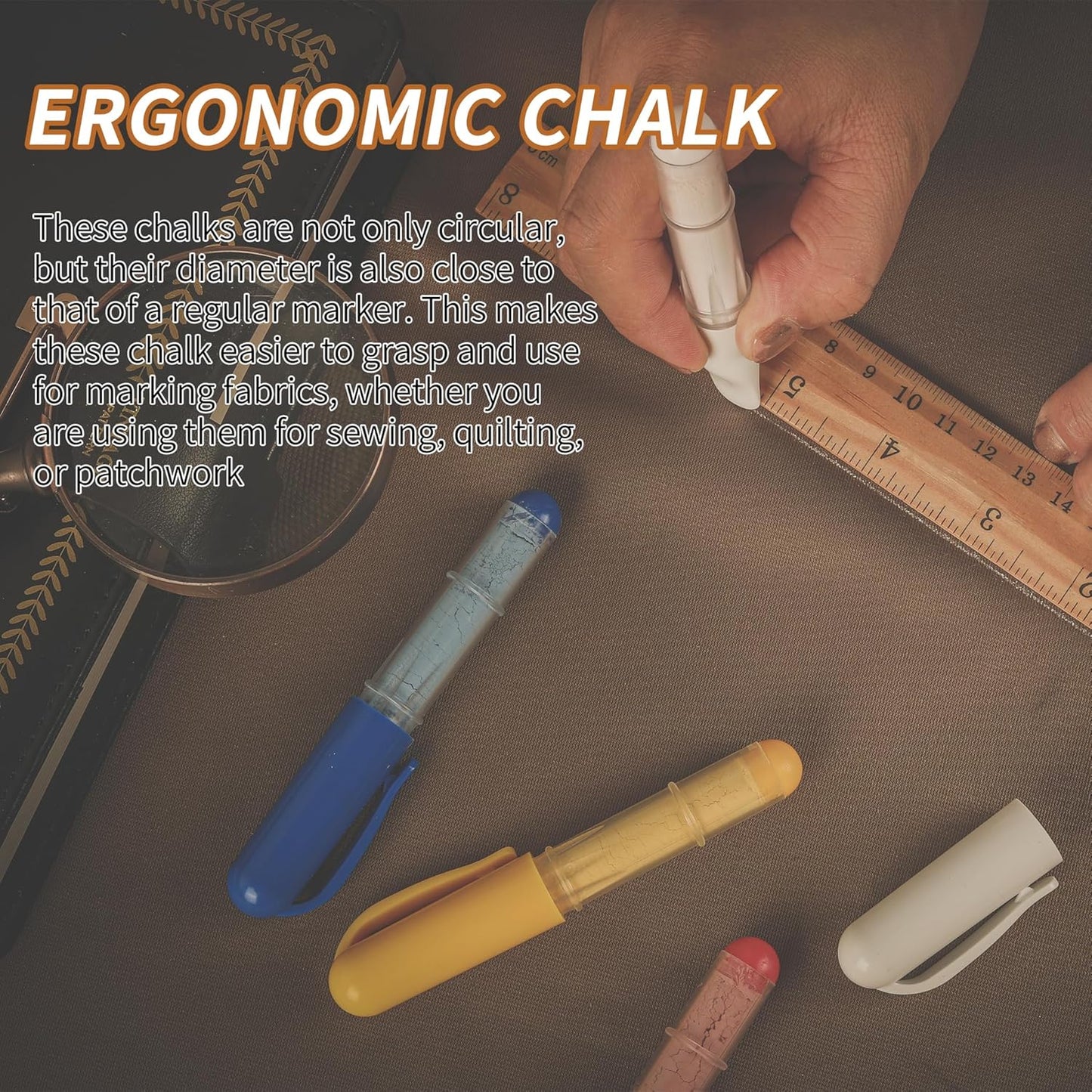 (3-pack) Fabric Chalk Markers -Erase Tailor’s Chalk for Quilting and Sewing - Compatible with Most Fabrics - With Dosing Wheel Technology, Red, Blue, White