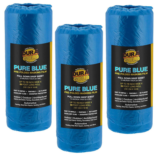 Dura-Gold 72" x 59' Pure Blue Pre-Folded Masking Film, (3 Pack) Painters Plastic Roll (0.4 Mil), Pull Down Drop Sheet, Pre-Folded Plastic Sheeting for Painting Protection on Auto, Walls, Furniture