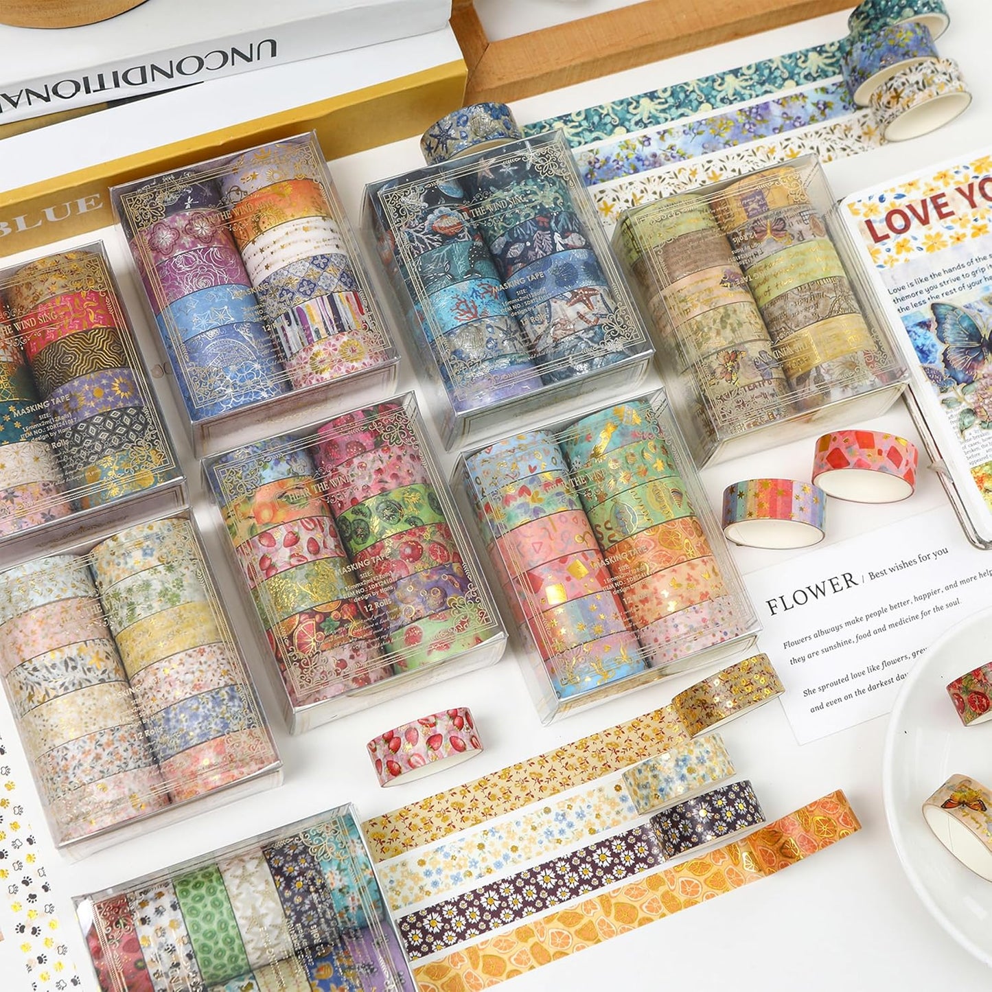 12 Rolls Charming Washi Tape Set Gold Silver Foil Detailing Arts Adhesive Tapes Basic Patterns Decorative Masking Tape Sets for Craft, Kids, Scrapbook, DIY, Gift Wrapping (Vintage Elegance)