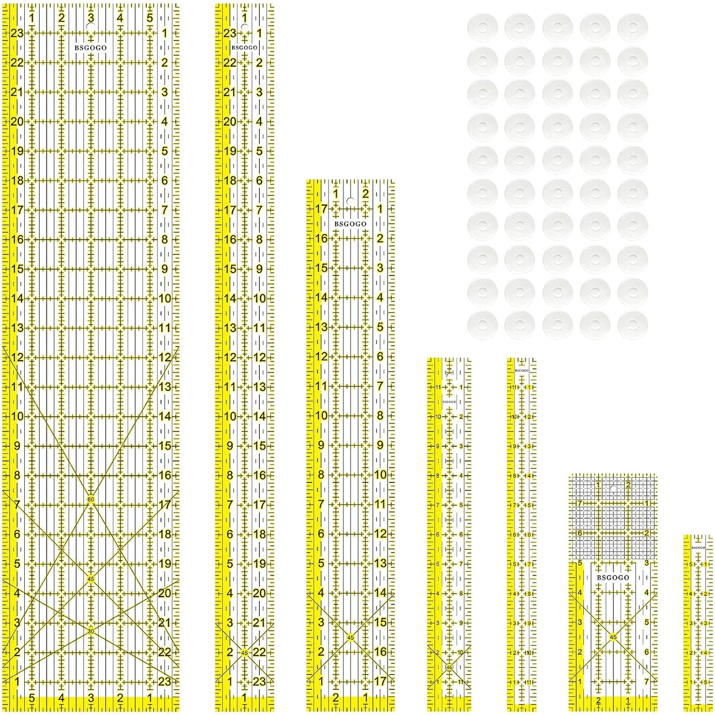 Acrylic Ruler 7 Piece Set, Non Slip Rings 50 Pieces, Quilting Rulers, Size (6"x24"), (2"x24"), (3"x18"), (3"x8"), (1.5"x12"), (1"x12"), (1"x6") (Yellow-7 Piece Set)