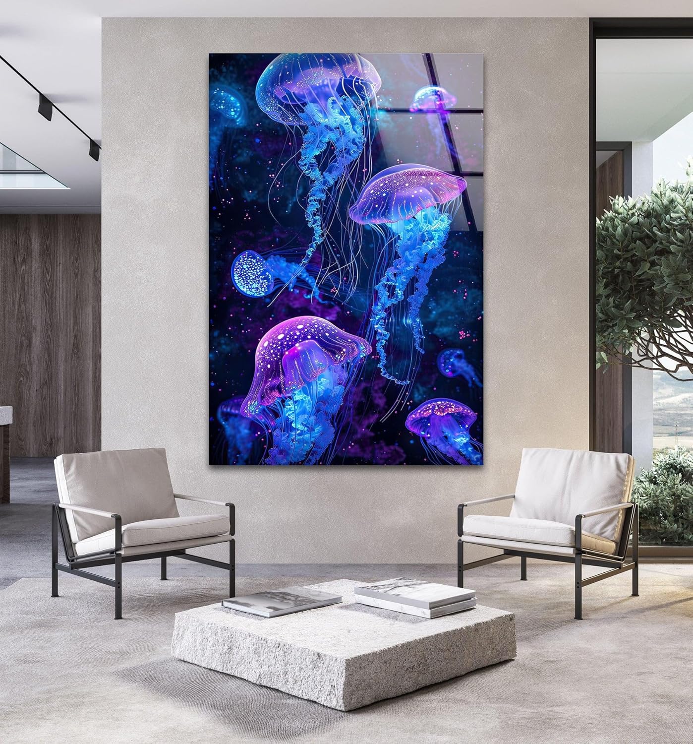 My Photostation.com 40WX60H'' Glowing Jellyfish Glass Wall Art Tempered Glass Printing Wall Decor Large Wall Art Wall Hangings