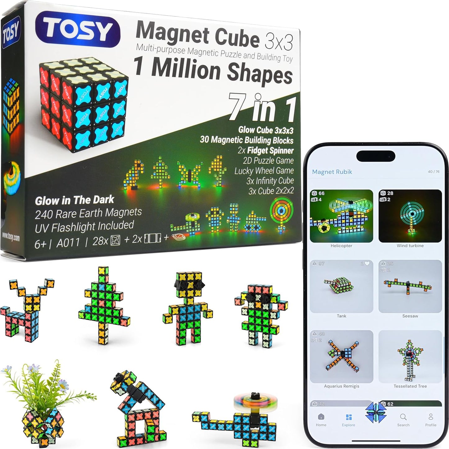 TOSY Magnet Cube 3x3 - 240 Magnets, 30 Blocks, 7in1 Toy: Puzzle Cube Game, Creative Building Blocks, Transformable Fidget Spinner, Infinity Cube, Magnet Tiles, UV Flashlight, Glowing STEM/STEAM Toy