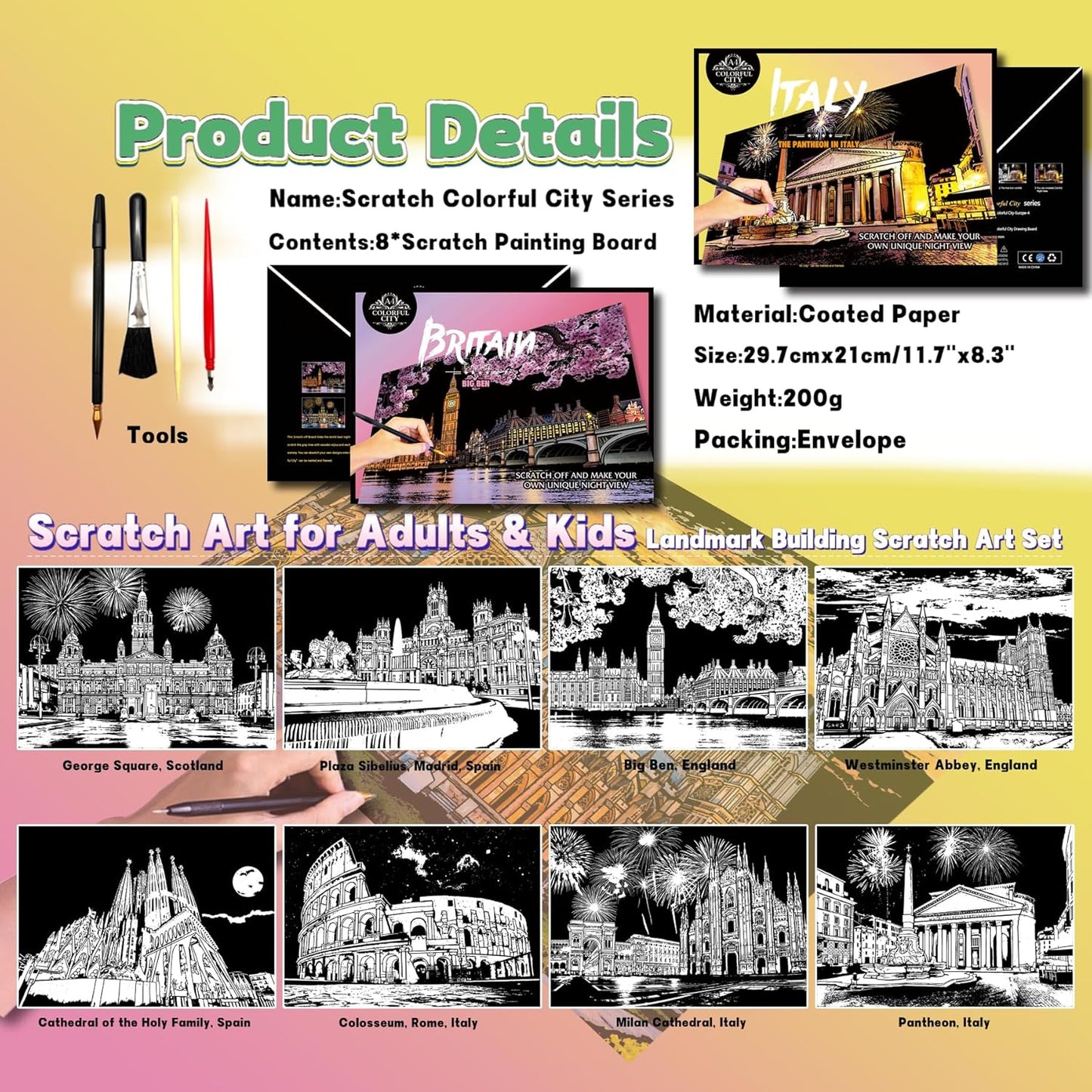 Scratch Art Painting Kit for Adults-8 Sheets A4 Rainbow Scratch Painting Paper Craft Set with City Landmarks|Stress Relief Gift for Travel&Craft Lovers|Scratch Art Home Decor(Europe Series 2)