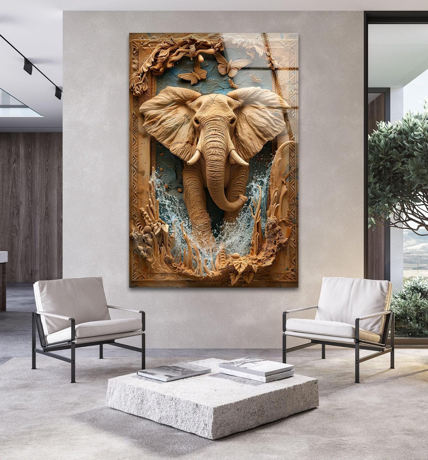 My Photostation.com 30Wx35.5H'' Elephant Carving Glass Wall Art Tempered Glass Printing Wall Decor Large Wall Art Wall Hangings