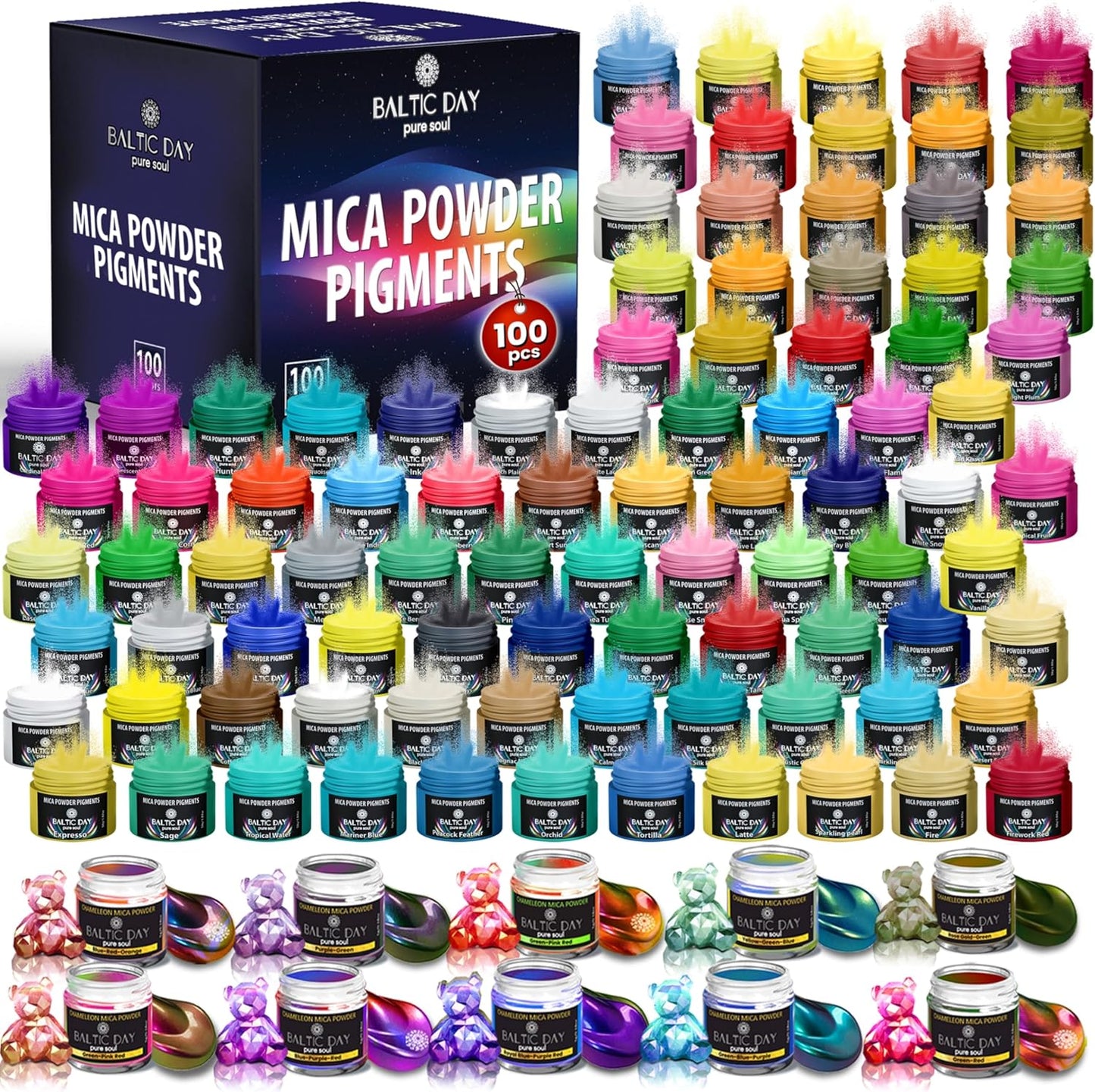 BALTIC DAY - Mica Powder, 100 Colors - 10 Chameleon Mica Powder for Epoxy Resin 10g/Bottle - Resin Colorant for Lip Gloss, Soap Making, Candle, Nail, Bath Bomb, Paint, Car Freshies