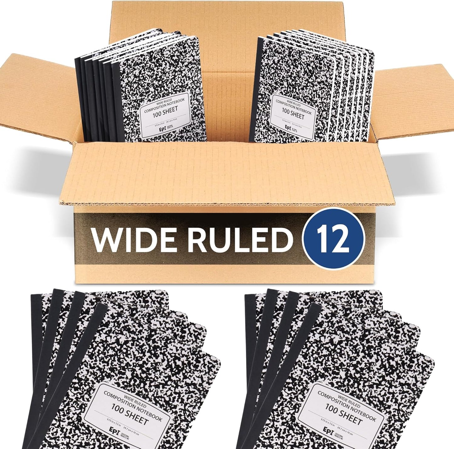 EPI Marble Hardcover Wide Ruled Composition Notebook | 200 Pages (100 Sheets), 9.75 x 7.5 in, Sturdy Sewn Binding | School, Office, Journaling, Notes - 12 Pack