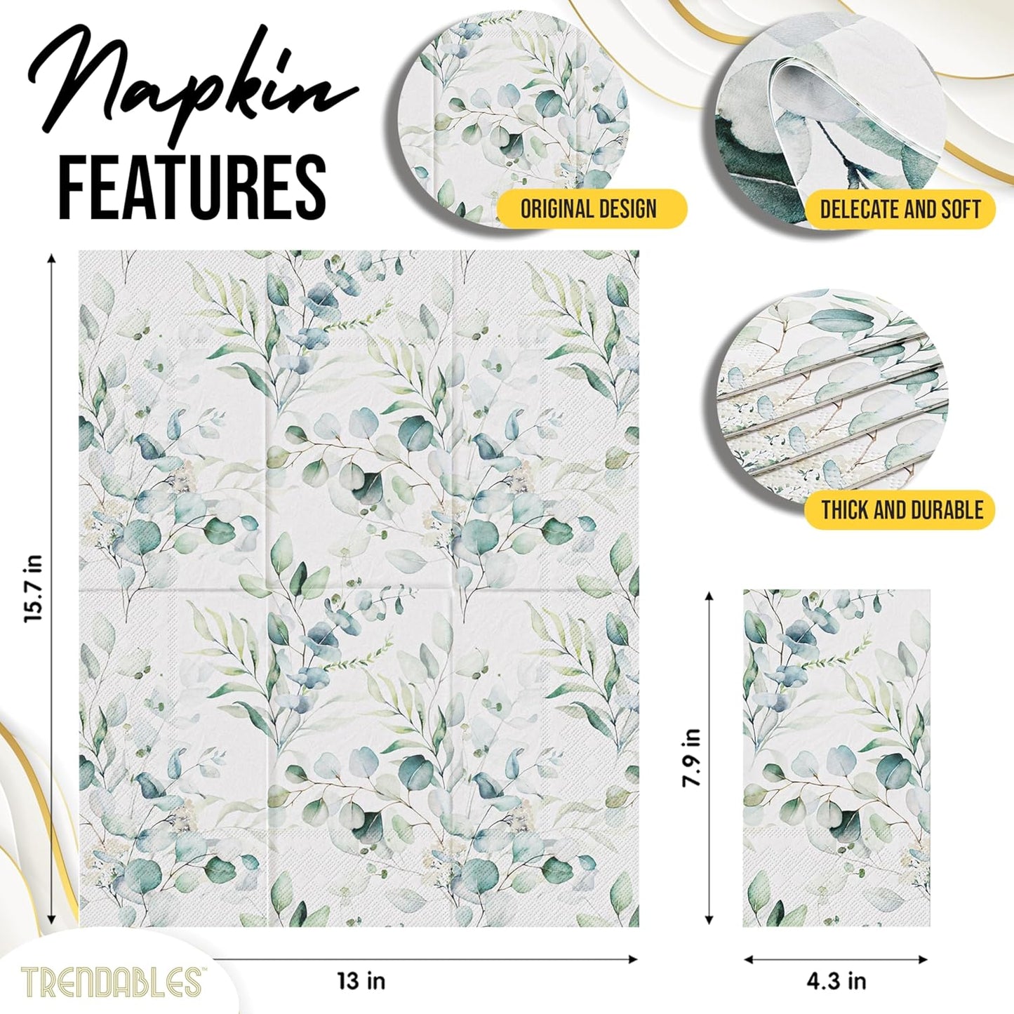 Trendables Sage Green Napkins for decoupage 200 Pcs 3 Ply Eucalyptus Napkins Decorative Guest Towels Disposable Bathroom, Flower Design For Tea Party Decorations, Dinners & Weddings