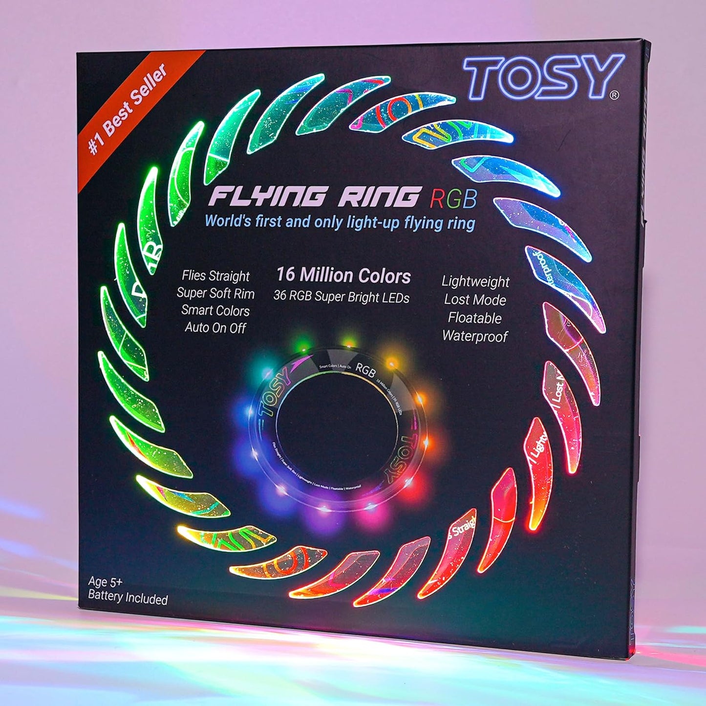 TOSY Flying Ring - 16 Million Color RGB or 12 LEDs, Super Bright, Lost Mode, Auto Light Up, Camping Essentials for Kids/Teens/Boy/Girl, Safe & Soft, Waterproof, Pool/Beach Games, Lightweight Toy