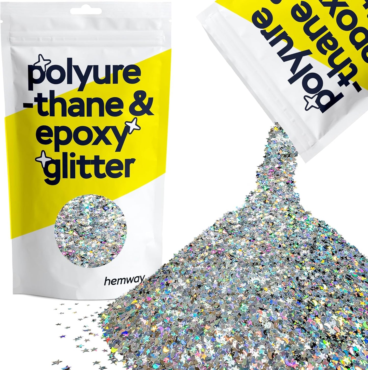 Hemway Polyurethane & Epoxy Resin Glitter Metallic Crystal Flake Additive for Flooring, Jewellery, Tumblers & Resin Moulds 100g / 3.5oz - Shaped (0.3mm x 1.5mm) - Silver Holographic Stars & Moons
