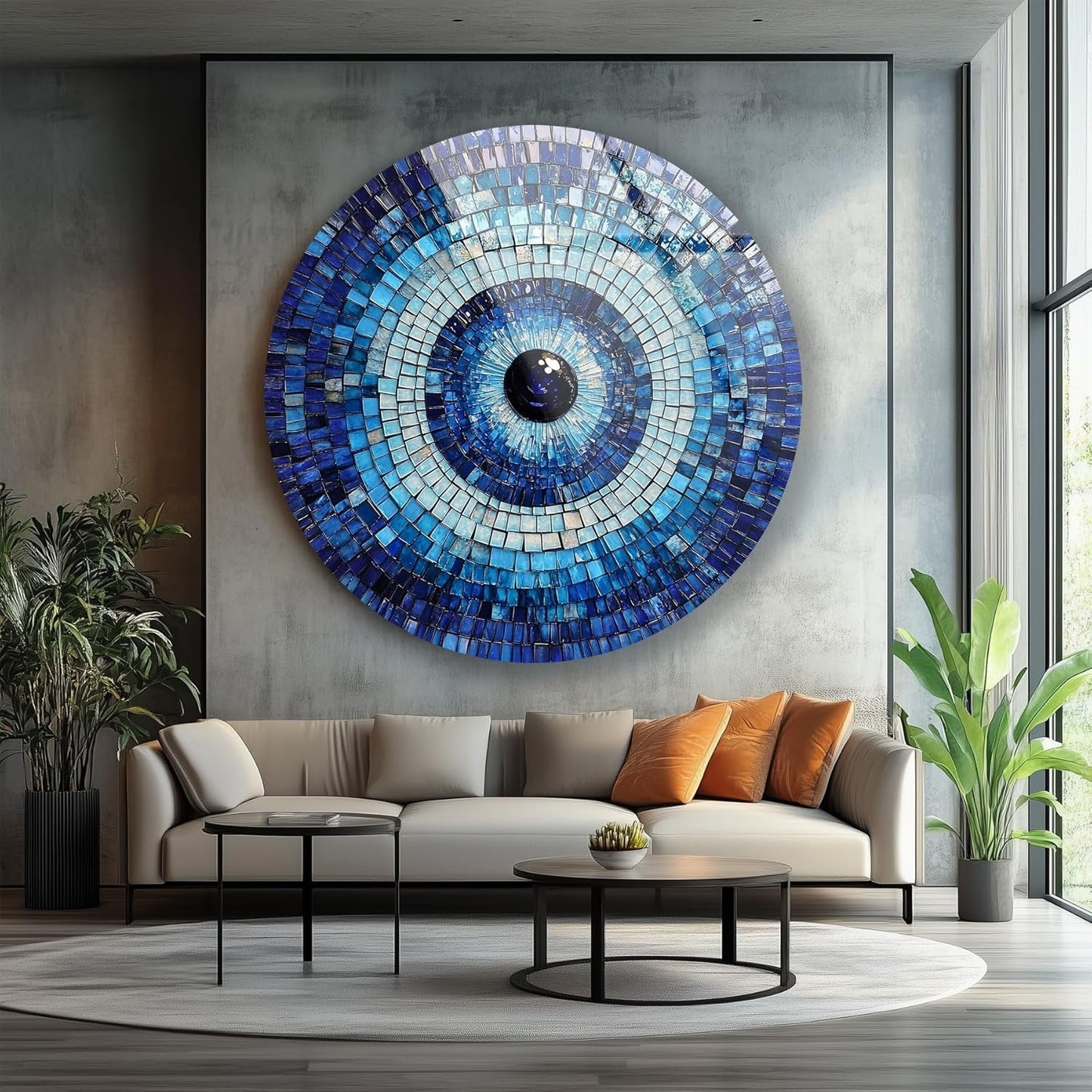 My Photostation.com 15.8''(40cm) Diameter Blue Mosaic Evil Eye Round Glass Wall Art Tempered Glass Printing Wall Decor Large Wall Art Wall Hangings