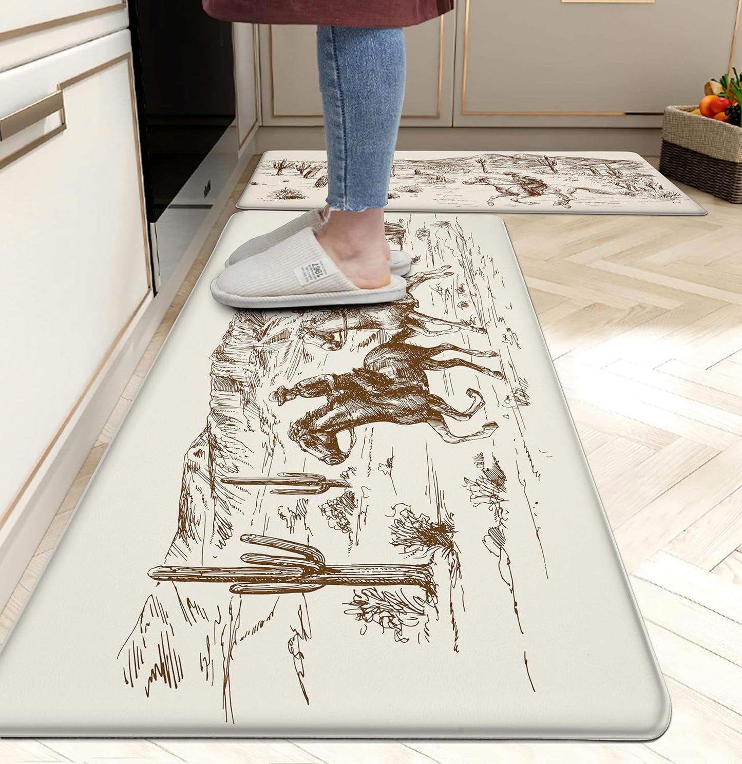 Western Kitchen Mat Rugs Set of 2 Aztec Anti Fatigue Non-Slip Kitchen mats for Floor Western Country Cactus Theme PVC Comfort Mat Floor Rugs Decor Office Front Door Sink 17.3x28+17.3X 47 inches