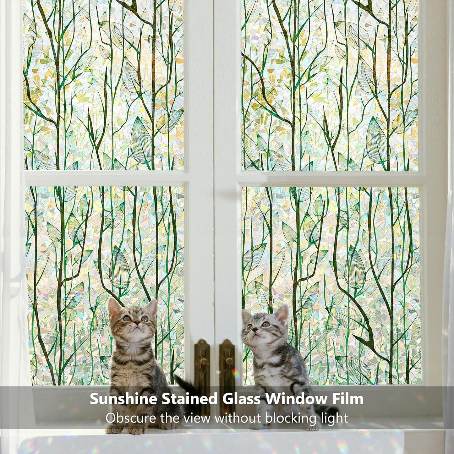 Finnez Window Privacy Film Window Film 3D No Glue Glass Sticker for Glass Door Home and Office Heat Control Anti UV (23.6 Inch x 13.1 Feet, Rainbow Grove)