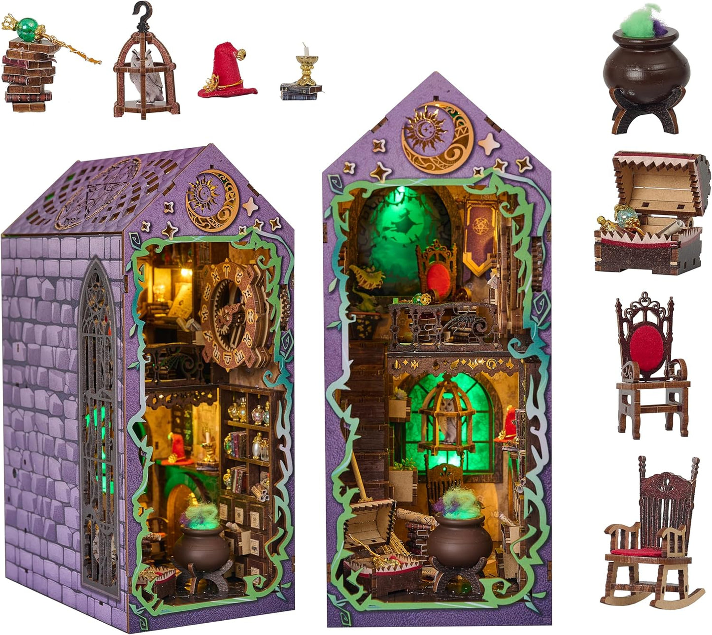 [2025 New] Mystic Theurge's Book Nook Kit with Dust Cover & LED Light, DIY Miniature House Kit Toy, 3D Wooden Puzzle Bookshelf Decor Building Kit, Birthday Gifts for Family & Friends