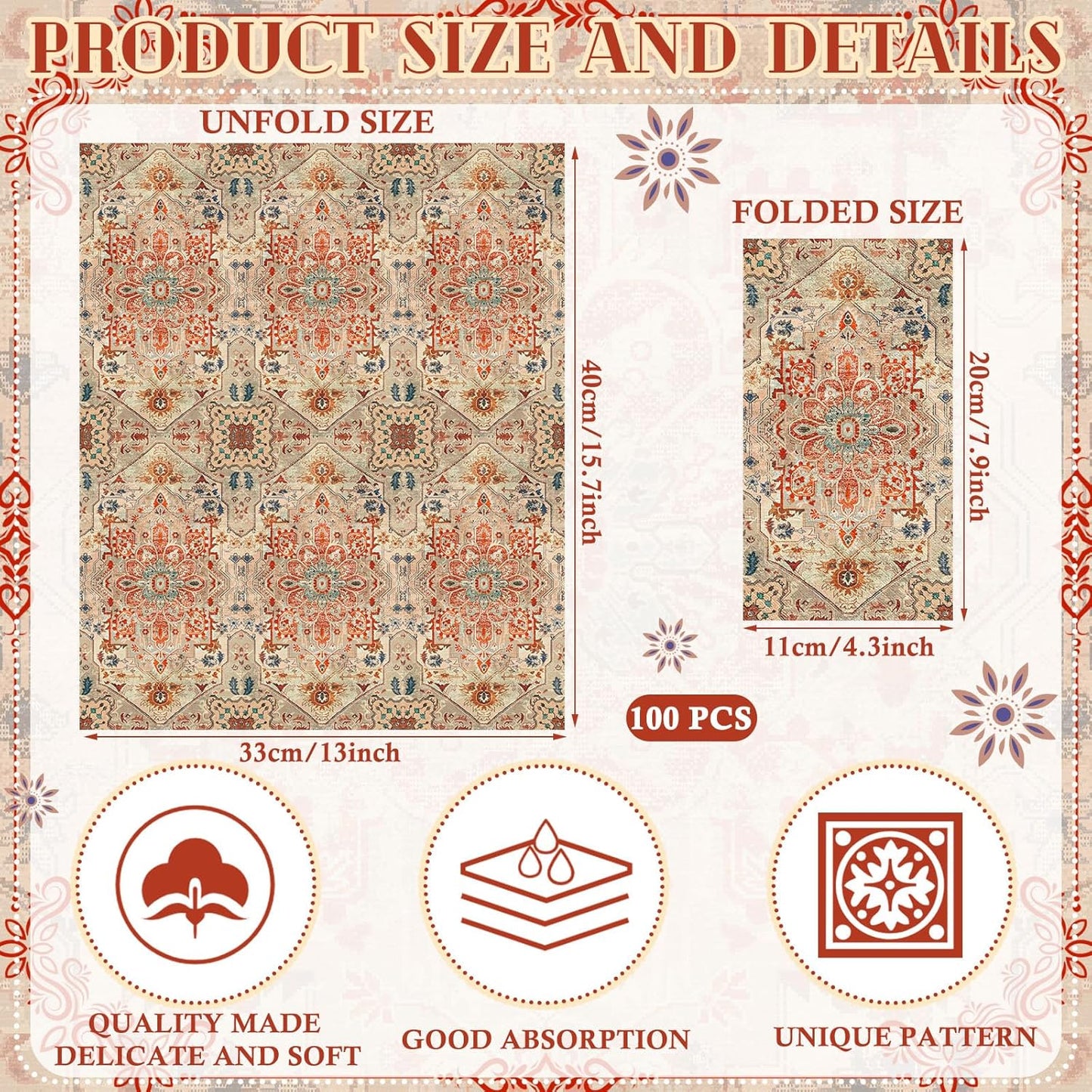 Yeaqee 100 Pcs Vintage Boho Napkins Paper Guest Towels 2 Ply Decoupage Napkins Disposable Decorative Hand Towel for Bathroom Kitchen Fall Wedding Party Dinner(Orange and Blue)
