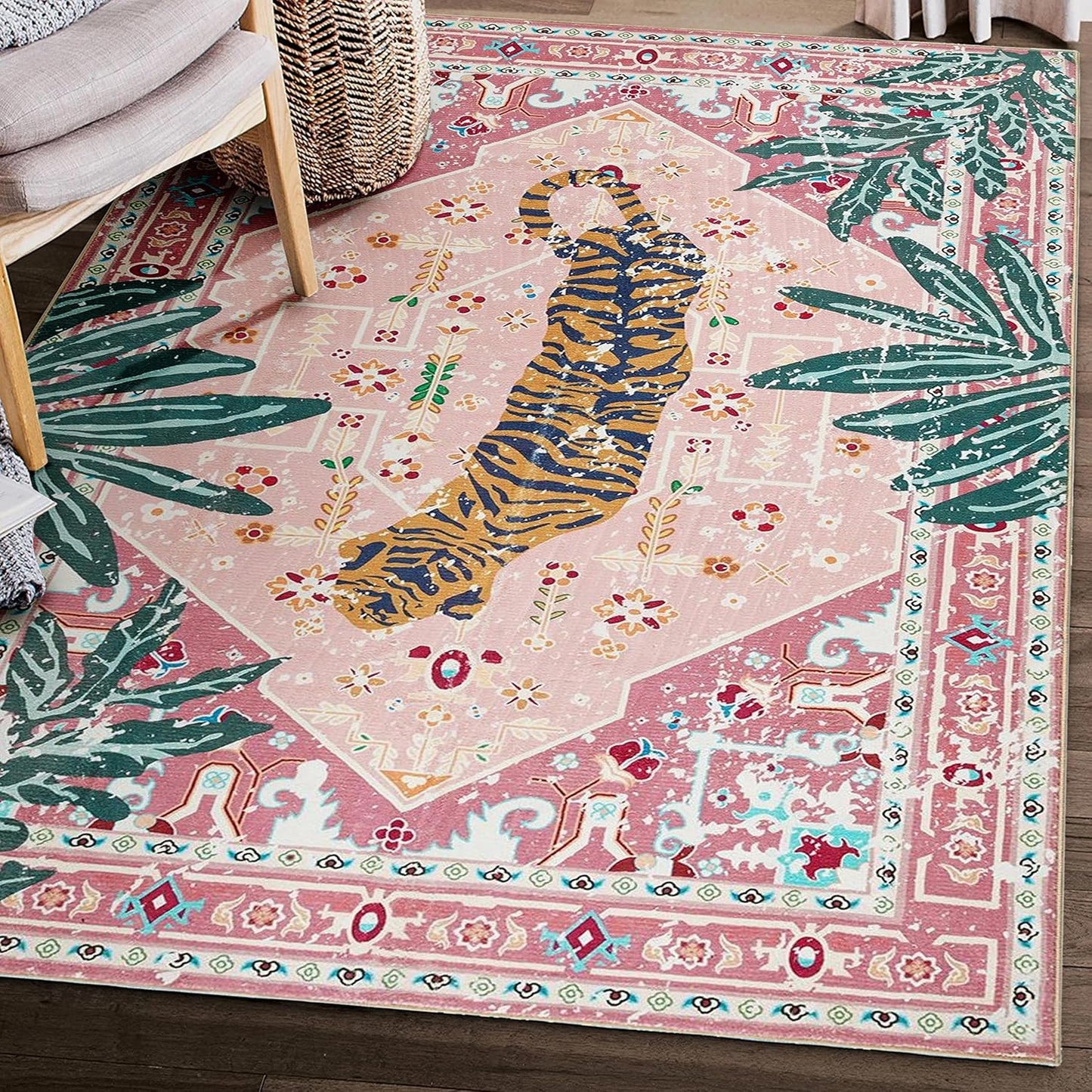 Washable Pink Rugs Boho Vintage Tropical Jungle 8x10 Area Rugs Tribal Oriental Carpet for Bedroom Kitchen Dining Living Room Office Distressed Indoor Cute Nursery Rug