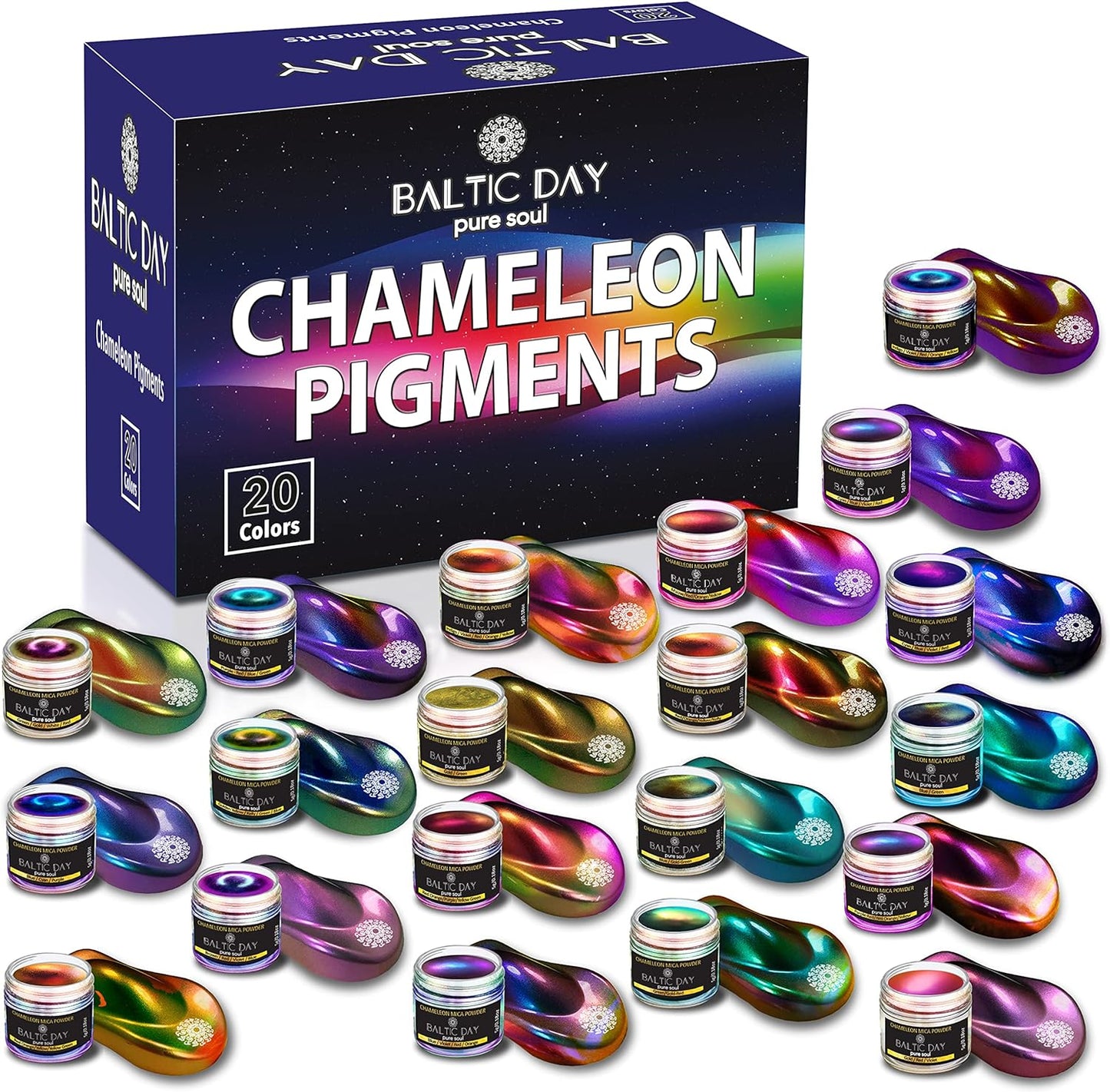 BALTIC DAY 48 Chameleon Mica Powder Set - Includes 8 Interference/Ghost Mica Powders - Color Shift Mica Powder Set