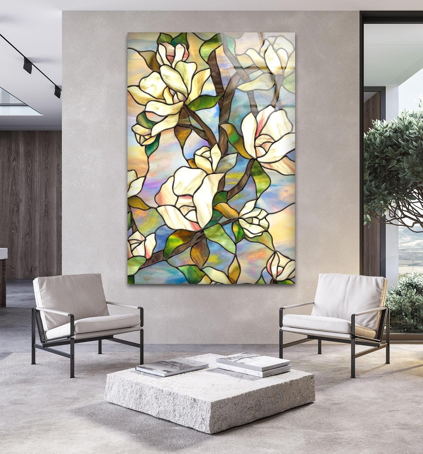 My Photostation.com 30Wx35.5H'' Stained Magnolia Glass Wall Art Tempered Glass Printing Wall Decor Large Wall Art Wall Hangings