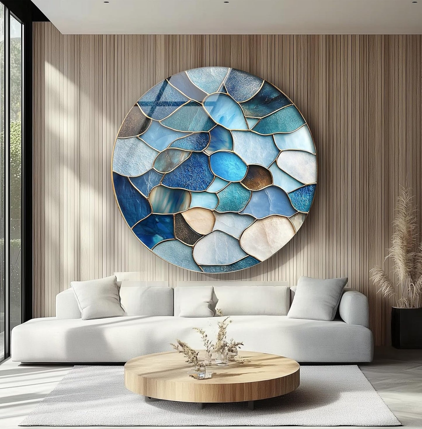 My Photostation.com 20''(50cm) Diameter Coastal Blue Stone Mosaic Round Glass Wall Art Tempered Glass Printing Wall Decor Large Wall Art Wall Hangings