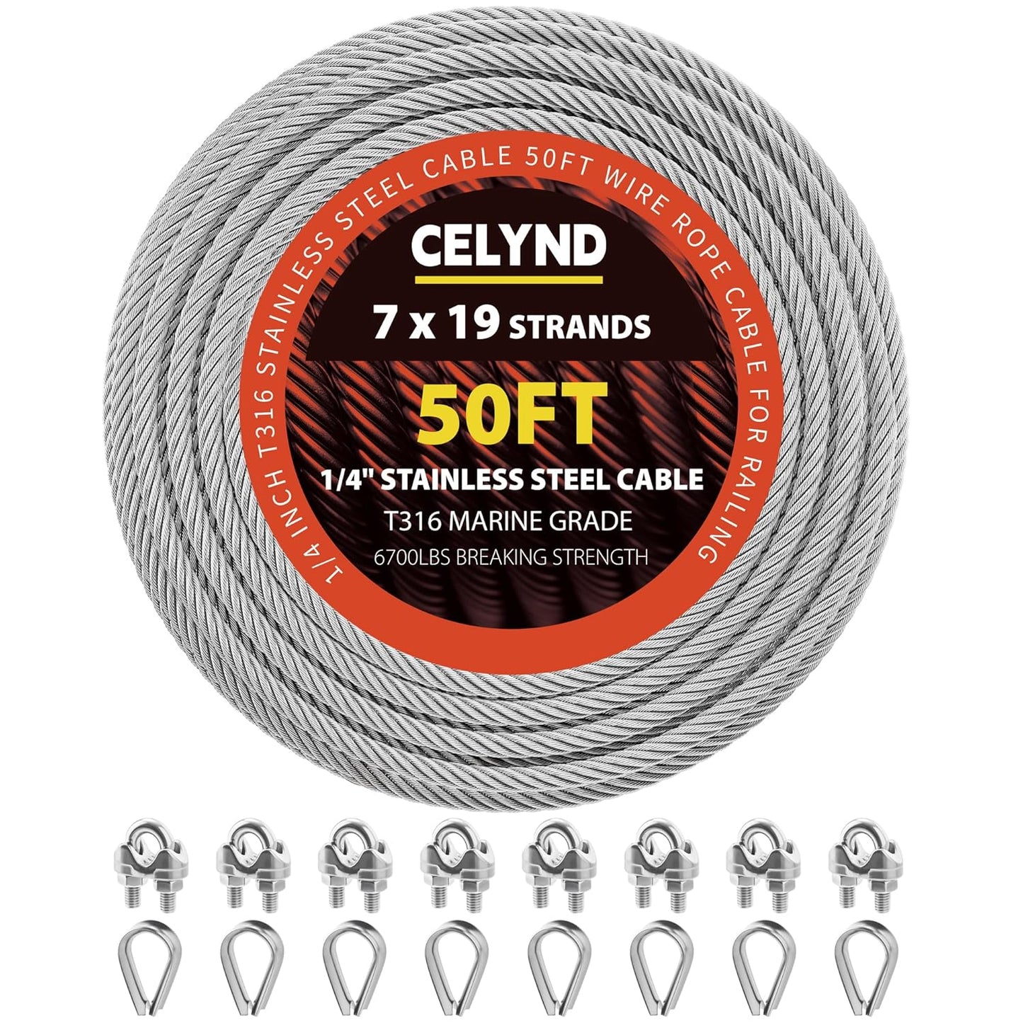 Stainless Steel Cable for Railing - 50FT 1/4" T316 Wire Rope with Clamps and Thimbles - 7 x 19 Strands 6700 LBS Breaking Strength for Outdoor Deck Railing Zipline