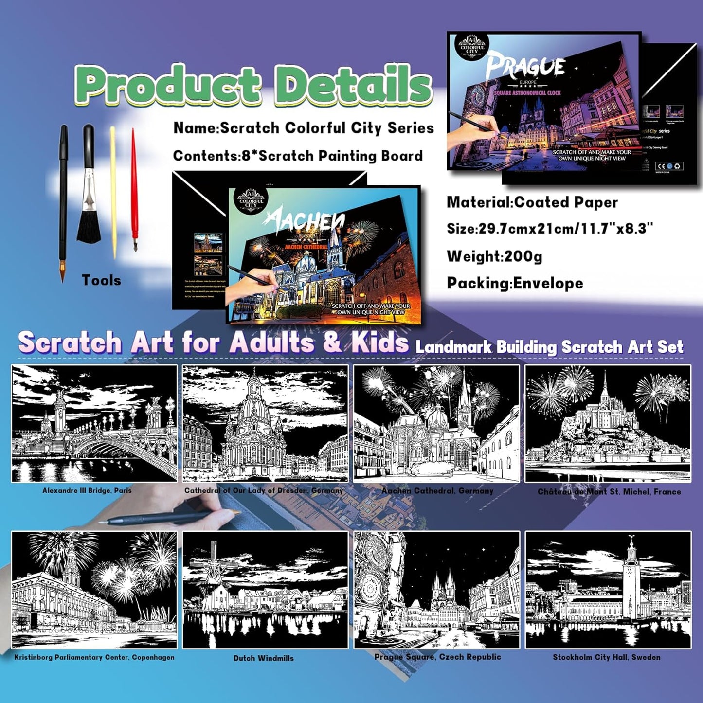 Scratch Art Painting Kit for Adults-8 Sheets A4 Rainbow Scratch Painting Paper Craft Set with City Landmarks|Stress Relief Gift for Travel&Craft Lovers|Scratch Art Home Decor(Europe Series 1)