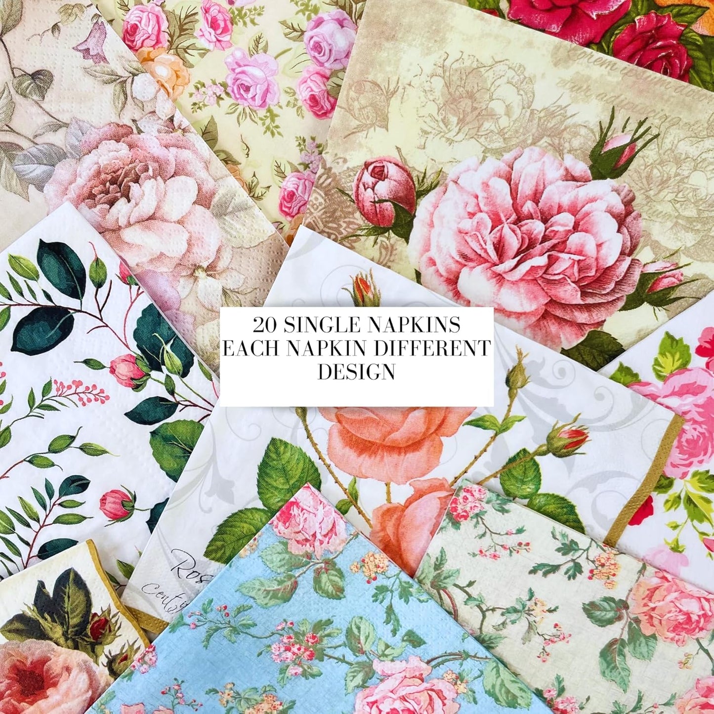 Mystery Pack Decoupage Paper Napkins, 20-ct Assorted Surprise Napkins, Decorative Napkins Roses Floral Flowers for Art Craft Junk Journal, 20 Different Designs