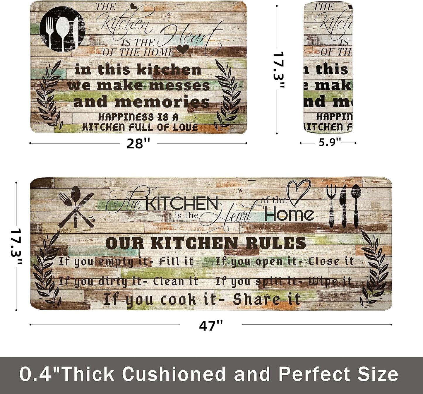 weesire Kitchen Mats for Floor Anti Fatigue Mats for Kitchen Floor Kitchen Rugs Farmhouse Style Memory Foam Kitchen Mat Cushioned PVC Leather Kitchen Rug Set, 17.3x28+17.3x47 inchs