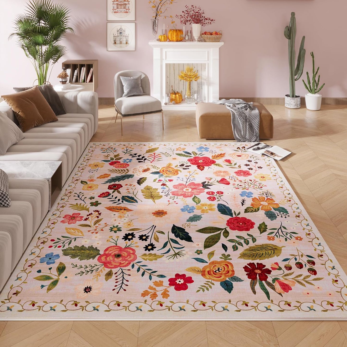 Rugcomf Area Rugs 9x12 Living Room Clearance Washable Boho Rug Non Slip Floral Vintage Low Pile Large Rug for Living Room, Bedroom, Farmhouse, Dining Room, Kids Playroom(Beige)