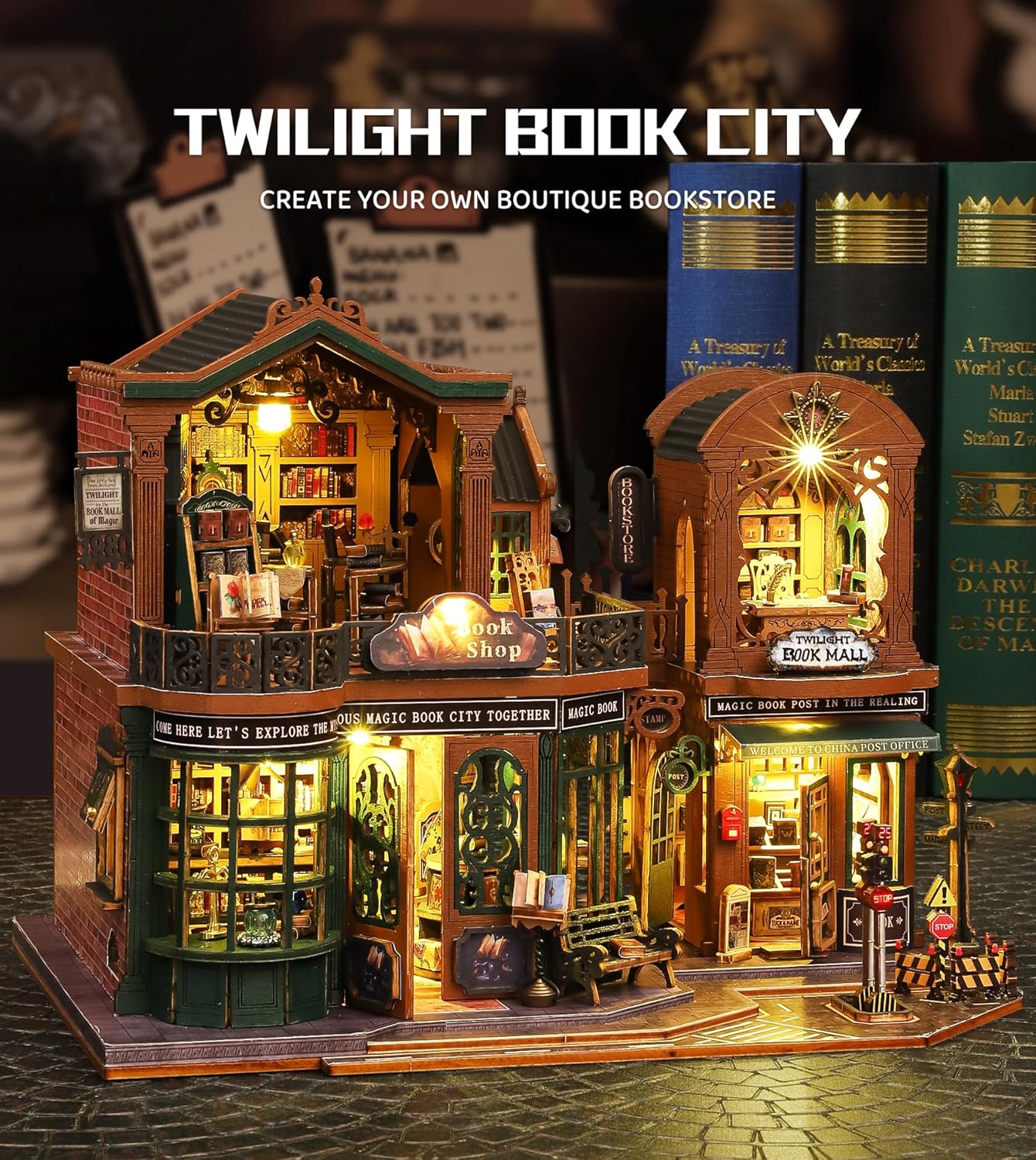 DIY Dollhouse Miniature House Kit,DIY Kit Mini House Model Comes with dust Cover and Music Box, Best Christmas Birthday Gift for Lovers Boys and Girls（Twilight Book City