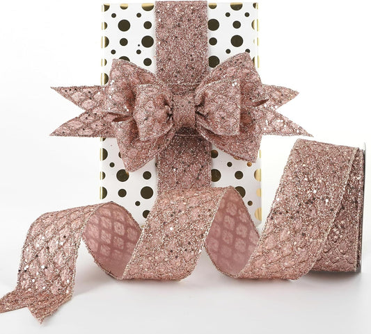 HUIHUANG Rose Gold Glitter Wired Ribbon for Christmas Tree 2.5 inch Rose Gold Diamond Mesh Ribbon for Tree Decoration, Wreaths, Garland, Gift Wrapping, Bows Making, Home Decor -10 Yards