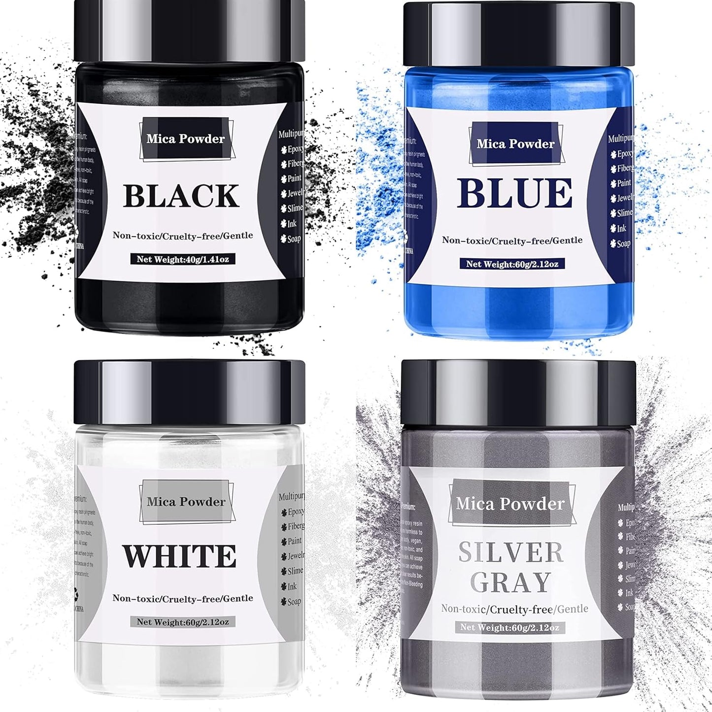 【40g Black + 60g White/Blue/Sliver Gray】 220g Mica Powder for Epoxy Resin - Pigment Powder Dye for Resin/Soap Making/Nails/Bath Bombs etc. (4 Color)