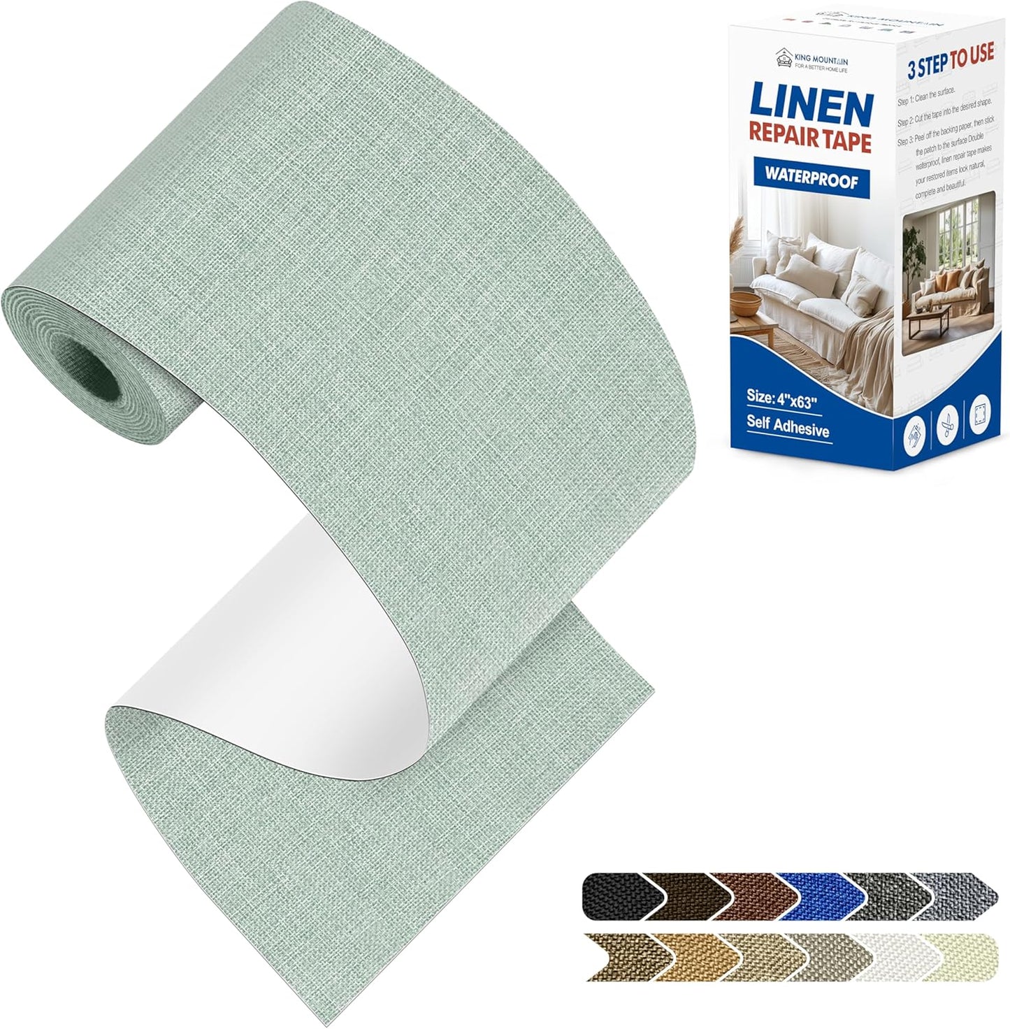 KING MOUNTAIN Linen Repair Patches, Self-Adhesive Linen Fabric Patches, 4 X 63 inch Extra Size, Multi Color, Can be Used for Linen Sofa Repair and Linen Clothes Repair (Light Green)