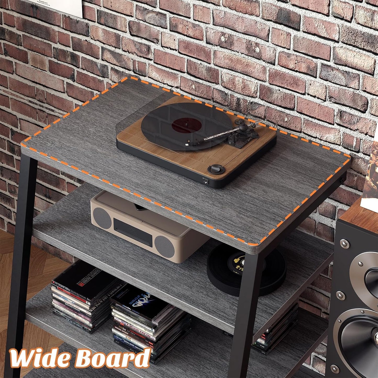 AV Media Stand with Outlets, Media Console with LED Lights, Stereo Racks and Stands with Storage Shelves, Media Audio Tower Stand, Light Grey Walnut