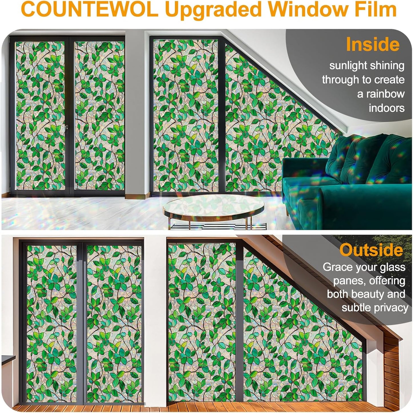 Window Privacy Film Stain Glass Window Film Rainbow Window Film Window clings Non-Adhesive Reusable Decorative for Room (Greenery Leaf, 35.4 x 157.4 in)