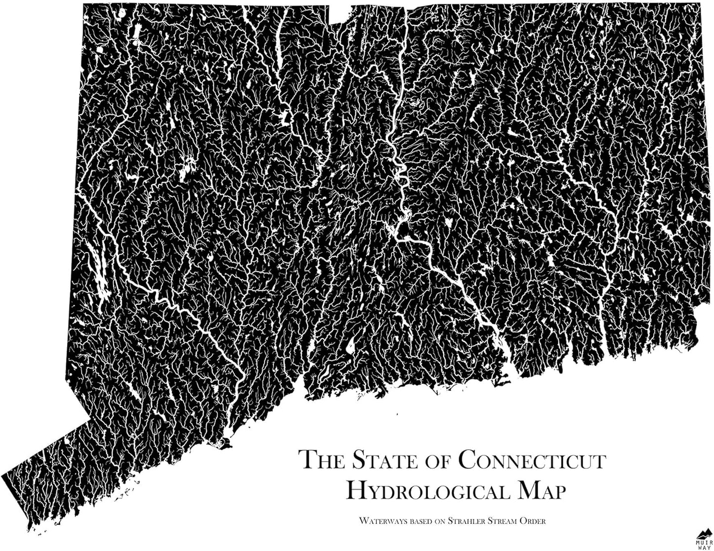Muir Way Hydrological River Map of Connecticut - Watershed Topographic Wall Art for Home, Office, or Travel Decor - Unframed Flat Paper Print, 24x30