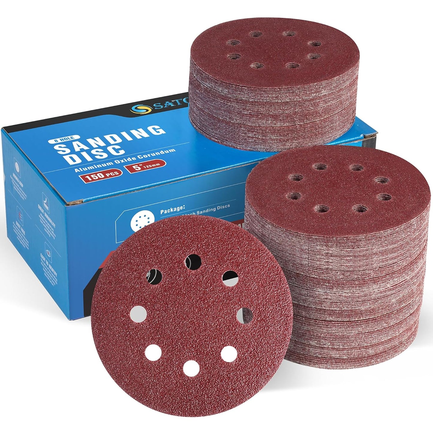 S SATC 5 Inch 8 Hole Hook and Loop Sanding Discs 60 Grit Random Orbit Sandpaper, 150 Pack