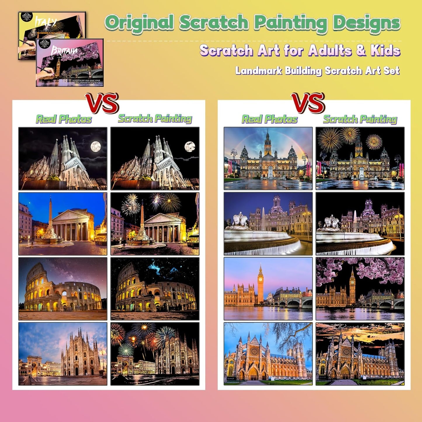 Scratch Art Painting Kit for Adults-8 Sheets A4 Rainbow Scratch Painting Paper Craft Set with City Landmarks|Stress Relief Gift for Travel&Craft Lovers|Scratch Art Home Decor(Europe Series 2)