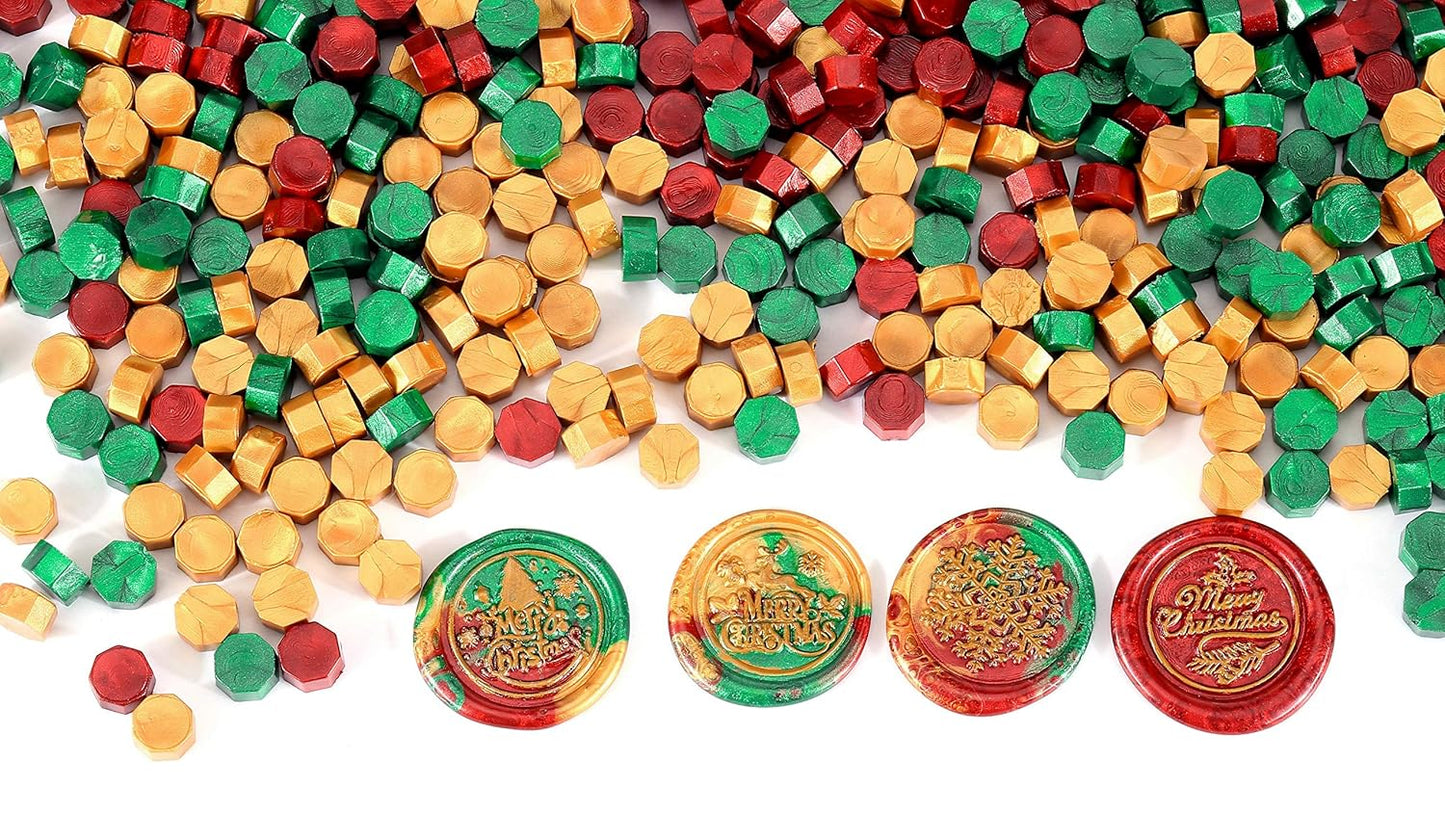 Yoption 360 Pieces Sealing Wax Beads Kit, Red God Green Christmas Sealing Wax with Candles and Melting Spoon, 3 Colors