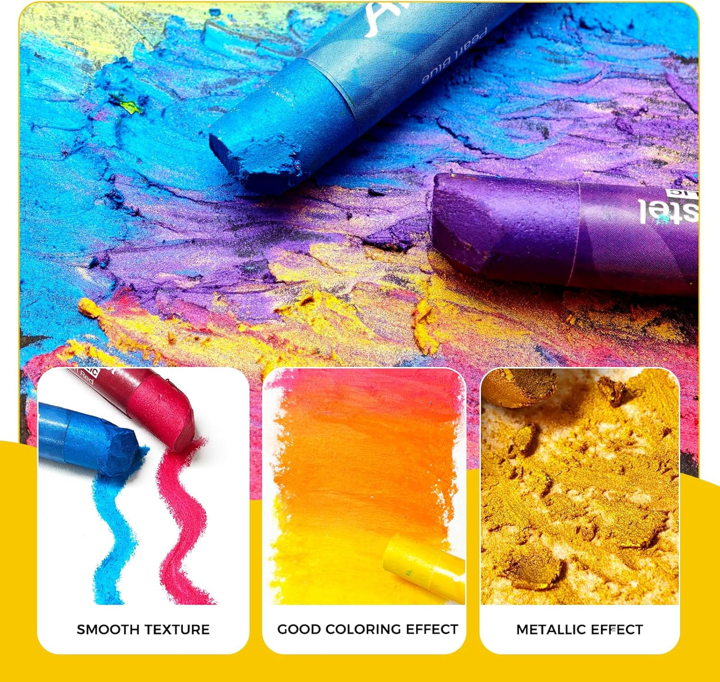 Artecho Metallic Oil Pastels Set of 12 Colors, Soft Oil Pastels for Art Painting, Drawing, Blending (10 x 70 mm)
