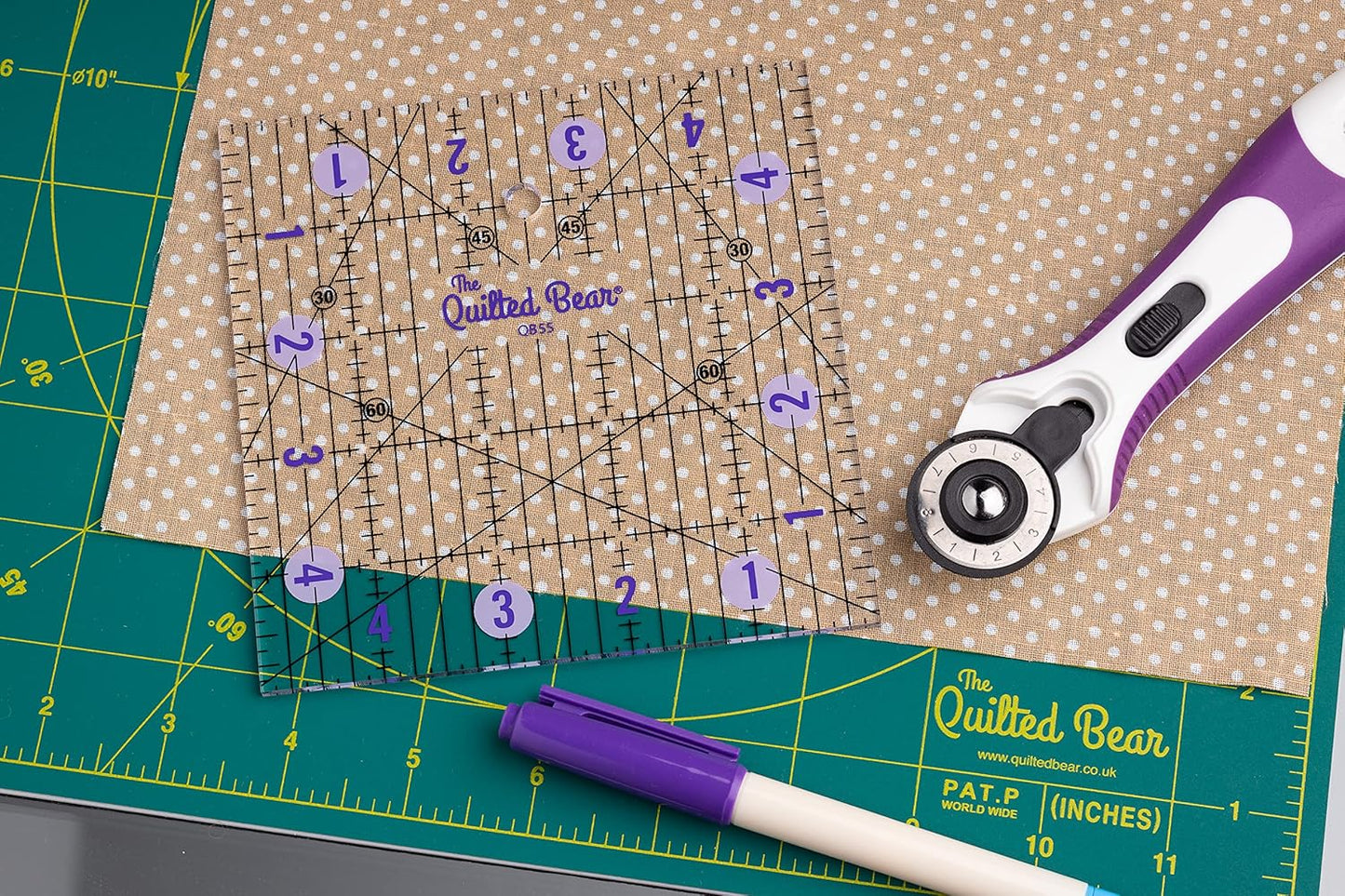 The Quilted Bear Quilting Rulers - Transparent Acrylic Non Slip Quilting, Patchwork & Sewing Ruler with Clear Black Lines & 30, 45 & 60 Degree Angles for Perfect Accuracy & Precision (2.5" x 2.5")