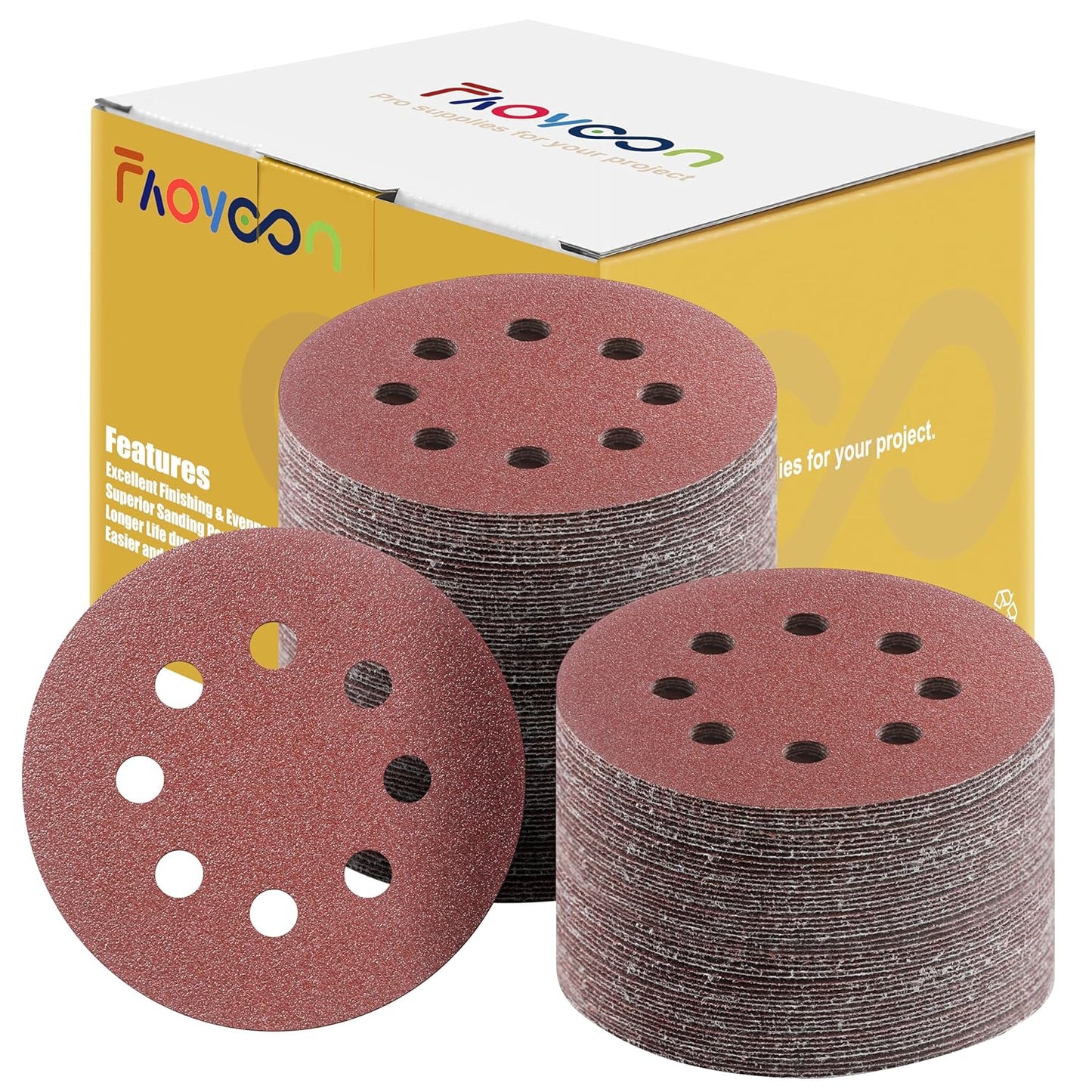 Sanding Disc 5 Inch 8 Hole, 100 Pcs Orbital Sanding Discs Hook and Loop, Sandpaper for Wood, 60 Grit Sand Paper for Random Orbital Sander