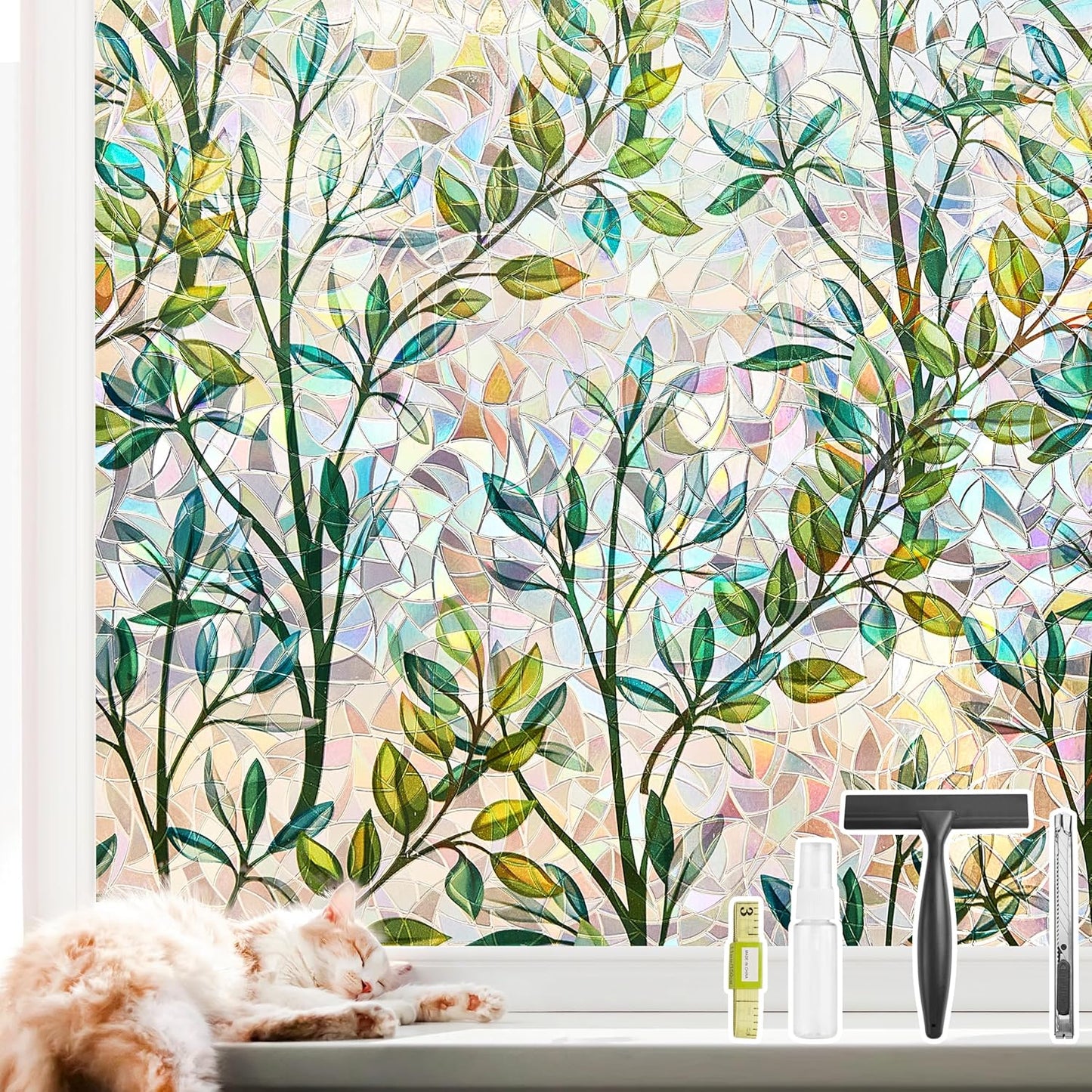 NINETREX Stained Glass Window Film 3D Decorative Cling, Sun Blocking Static Cling Removable Film for Glass Door, Home Decor Window Cover Non-Adhesive 23.6 x 157.4 inches, Leaf