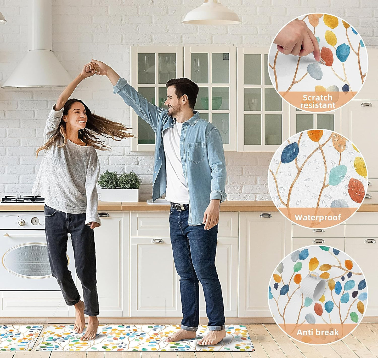 weesire Anti Fatigue Mats for Kitchen Floor Boho Kitchen Rugs Colorful Floral Leaves Memory Foam Cushioned Non-Slip Waterproof Kitchen Mat PVC Kitchen Rug Set, 17.3x28+17.3x47 inches, Laundry, Yellow