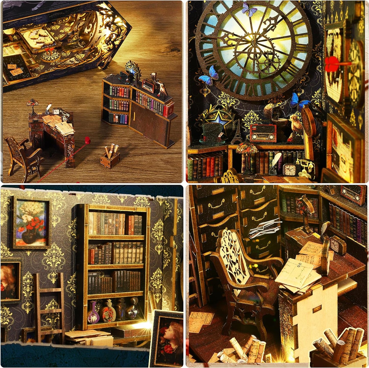 ISSEVE DIY Book Nook Kit, 3D Wooden Puzzle DIY Miniature House Kit for Booknook Shelf Insert Decoration, Magic Book House Stand Bookshelf Dollhouse for Adults with Sensor Light (Detective Agency)